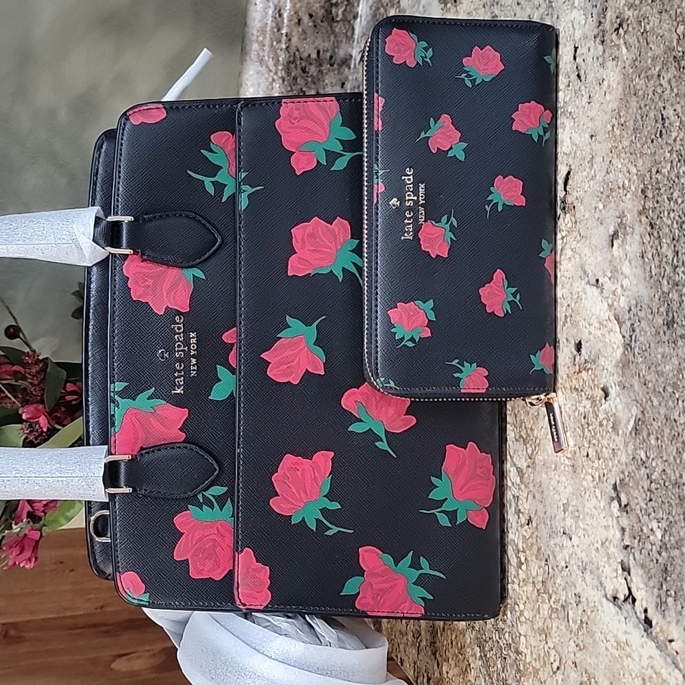 KATE SPADE NEW YORK Madison Rose Toss Printed Medium Satchel W/ Matching Wallet - Picture 2 of 10